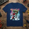 BELIEVE Christmas Tree Bigfoot Alien T-Shirt design featuring Bigfoot in Santa costume and an alien carrying a decorated Christmas tree