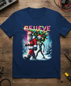 BELIEVE Christmas Tree Bigfoot Alien T-Shirt design featuring Bigfoot in Santa costume and an alien carrying a decorated Christmas tree