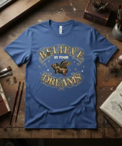 Believe In Your Dreams t-shirt with a golden flying pig graphic and ornate typography