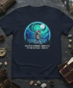 Bigfoot walking under aurora borealis with text "Believe In Yourself, Even When No One Else Will - Bigfoot" on a