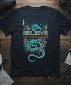 Believe or the Nothing Will Happen quote with a detailed cyber dragon graphic on a navy t-shirt