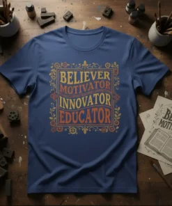 Believer Motivator Innovator Educator text design in yellow and orange on a navy blue t-shirt, framed by decorative elements