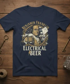 Benjamin Franklin holding a beer mug with kite and lightning graphic, text reads "Benjamin Franklin Electrical Beer"