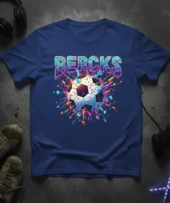 Bercks text and explosive soccer ball graphic on a navy blue t-shirt, designed for soccer fans