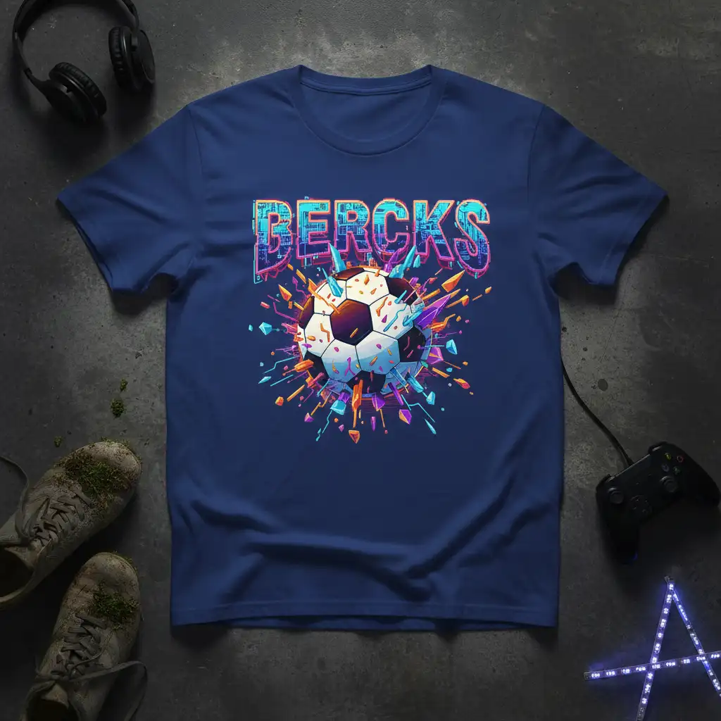 Bercks text with an explosive soccer ball graphic, vibrant colors, on a navy blue t-shirt for sports fans