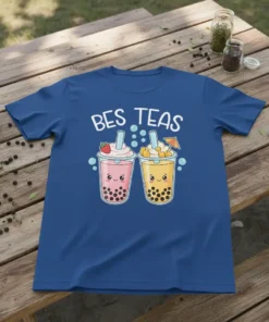Bes Teas bubble tea design with two cute boba drinks and white text on a blue t-shirt