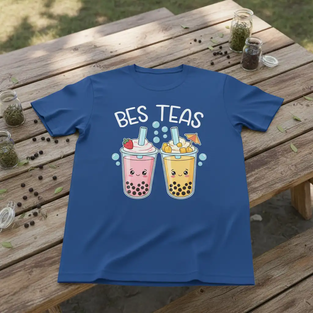 Bes Teas cute bubble tea design with smiling drinks and playful text on a blue t-shirt