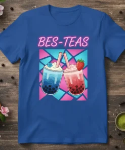 BES-TEAS bubble tea t-shirt design featuring two colorful boba drinks and neon text