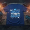 Blue t-shirt with "Best Boyfriend In The Galaxy" text in a futuristic, neon-style font with space-themed graphics