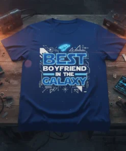 Blue t-shirt with "Best Boyfriend In The Galaxy" text in a futuristic, neon-style font with space-themed graphics