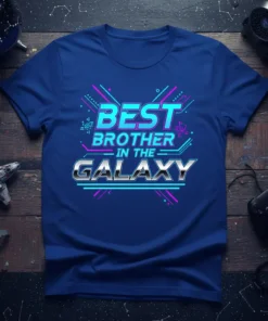Best Brother In The Galaxy text design with neon blue and pink accents on a royal blue t-shirt, featuring cosmic