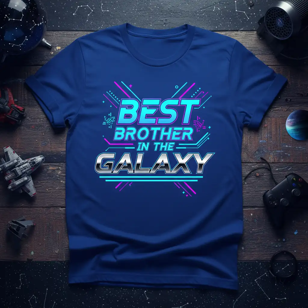 Best Brother In The Galaxy text in neon blue and pink, set against a royal blue t-shirt with futuristic cosmic graphic elements