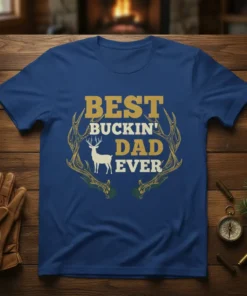 Best Buckin' Dad Ever hunting t-shirt with deer antlers and a buck graphic