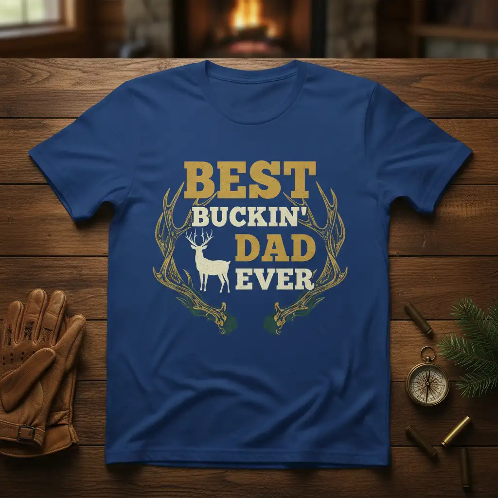 Best Buckin' Dad Ever quote with deer antlers and buck graphic on a blue t-shirt