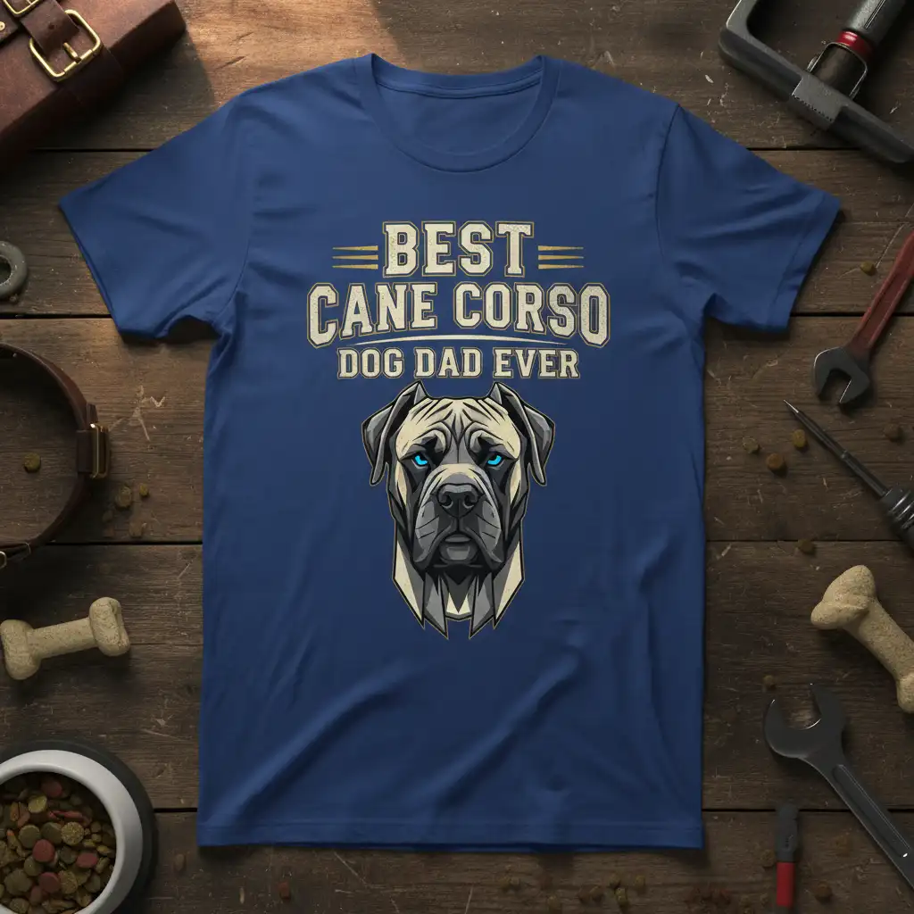 Best Cane Corso Dog Dad Ever quote with a graphic of a Cane Corso dog on a blue t-shirt
