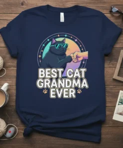 Best Cat Grandma Ever t-shirt design with a black cat wearing sunglasses giving a fist bump. Paw prints flank the