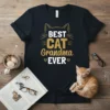 BEST CAT Grandma EVER text with golden cat ears graphic on a black t-shirt, perfect for cat grandmas