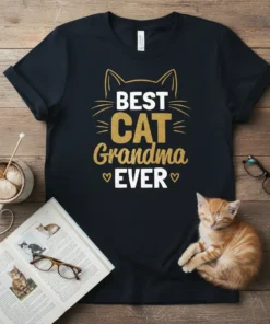 BEST CAT Grandma EVER text with golden cat ears graphic on a black t-shirt, perfect for cat grandmas