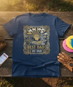 Disc golf t-shirt design with text "BEST DAD BY PAR" and skeleton playing disc golf, vintage frame