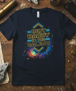 Best Daddy In The Galaxy t-shirt with neon-style text and colorful nebula graphic