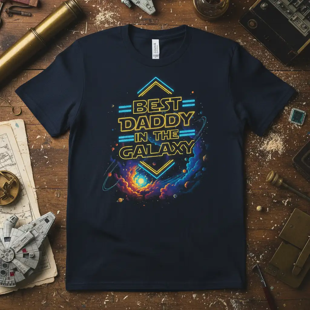 Best Daddy In The Galaxy quote on a t-shirt with vibrant space nebula graphic