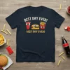 Navy t-shirt with "BEST DAY EVER! BEST DAY EVER!" text and cartoon burger, fries, and soda characters