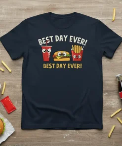 Navy t-shirt with "BEST DAY EVER! BEST DAY EVER!" text and cartoon burger, fries, and soda characters