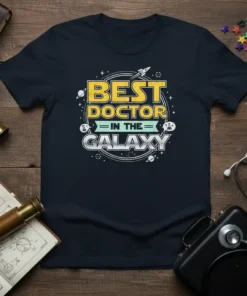 Navy t-shirt with yellow and teal text that reads "Best Doctor In The Galaxy" in a retro, space-themed design