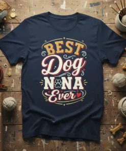 Navy blue t-shirt with "Best Dog Nona Ever" text in decorative fonts and a paw print graphic
