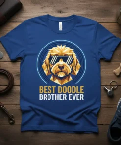 Geometric doodle dog wearing sunglasses with text "BEST DOODLE BROTHER EVER" on a blue t-shirt