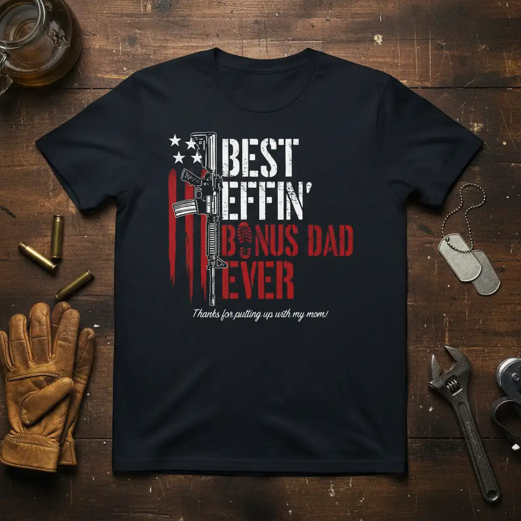 Best Effin' Bonus Dad Ever quote with AR-15 rifle graphic on a black t-shirt