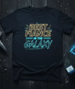 Best Fiance In The Galaxy quote in neon-style lettering on a black t-shirt, perfect for engagement gifts