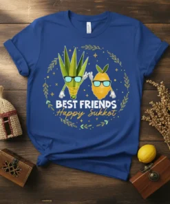 Best Friends Happy Sukkot t-shirt design with cartoon etrog and lulav characters wearing sunglasses, surrounded by a wreath