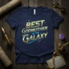 Best Godmother In The Galaxy text design with stars and planets, printed on a navy blue t-shirt