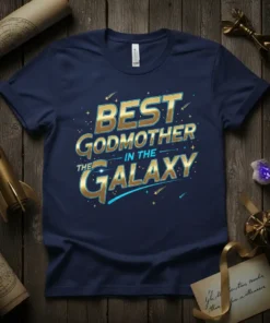 Best Godmother In The Galaxy text design with stars and planets, printed on a navy blue t-shirt