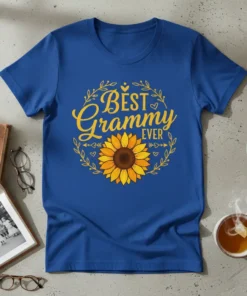 Blue t-shirt with yellow "BEST Grammy EVER" text and a sunflower graphic, surrounded by a laurel wreath
