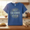 Best Grammy Ever text in decorative gold font on a blue t-shirt, celebrating grandmothers
