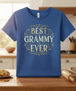 Best Grammy Ever text in decorative gold font on a blue t-shirt, celebrating grandmothers
