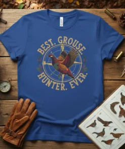 Best Grouse Hunter Ever text with a compass and pheasant graphic on a blue t-shirt for hunters