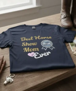 Dark t-shirt with "Best Horse Show Mom Ever" text, a "MOM" ribbon graphic, and pink hearts
