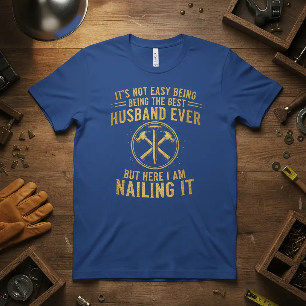 It's Not Easy Being Being The Best Husband Ever But Here I Am Nailing It quote on a blue t-shirt with hammer