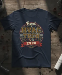 Best HVAC TECH EVER quote on a navy blue t-shirt with vintage circular design elements