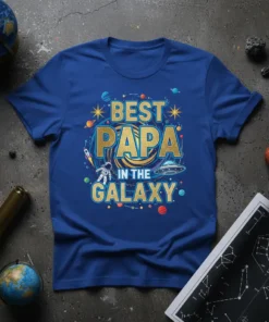 Best Papa In The Galaxy text with astronaut and UFO graphic on a blue t-shirt