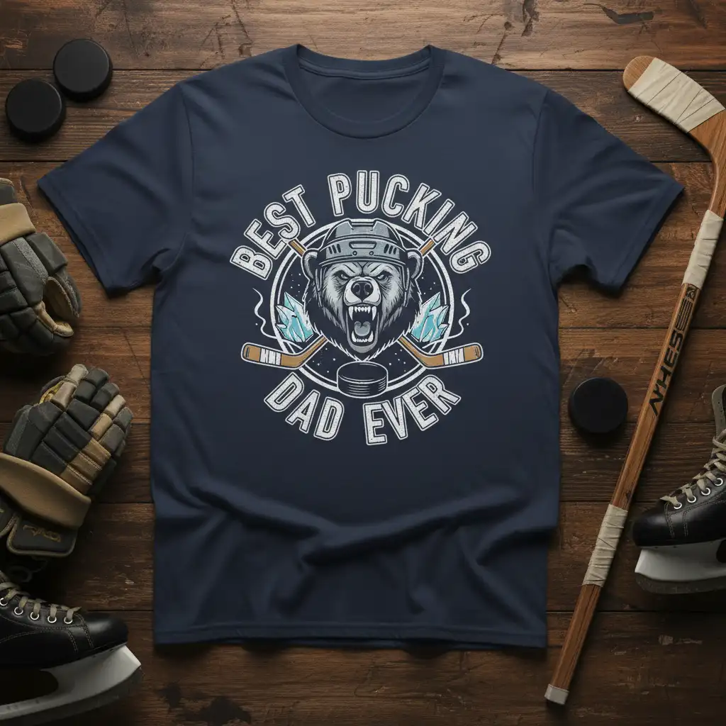 Best Pucking Dad Ever hockey t-shirt featuring a bear wearing a helmet and crossed hockey sticks with a puck