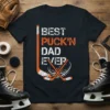 Best Puck'n Dad Ever hockey t-shirt design with crossed hockey sticks and puck graphic