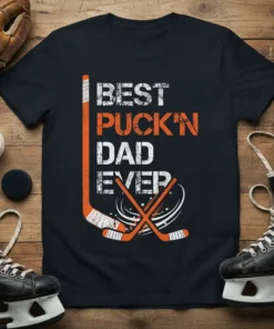 Best Puck'n Dad Ever hockey t-shirt design with crossed hockey sticks and puck graphic