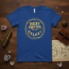 Best Sister In The Galaxy quote on a royal blue t-shirt with a golden circular graphic border