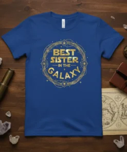 Best Sister In The Galaxy quote on a royal blue t-shirt with a golden circular graphic border