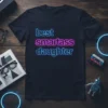 Best Smartass Daughter text in neon blue and pink on a black t-shirt, perfect for gifts