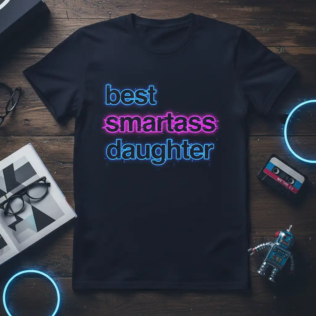 Best Smartass Daughter text design with neon blue and pink glow effect on a dark t-shirt